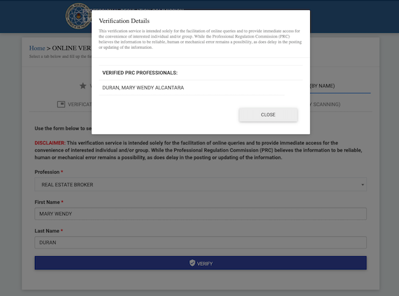 prc website - license verification dialog box- apostillepinoy.com